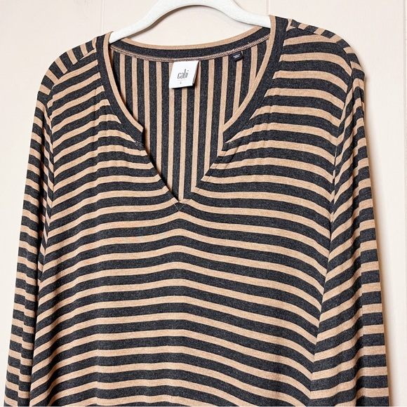 CAbi Striped Slant Tunic Top Large asymmetrical tan black stretch jersey knit - Picture 3 of 12